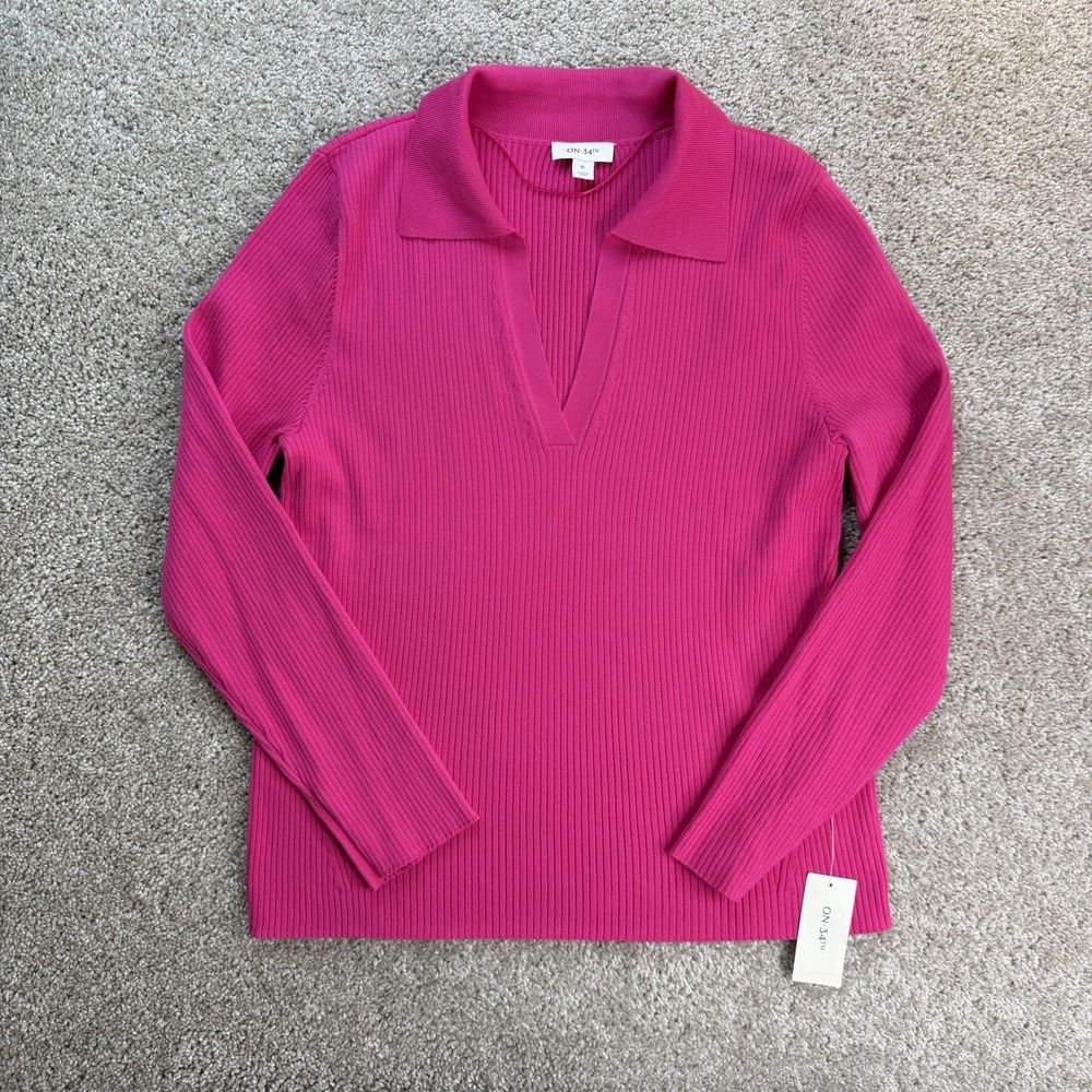 ON 34TH Sweater Womens XL Pink Collared V Neck Ribbed Knit Pullover Stretch